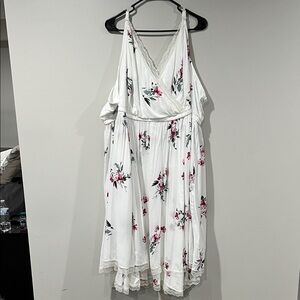 torrid White Midi Dress with Pink Floral Print and Green Leaves